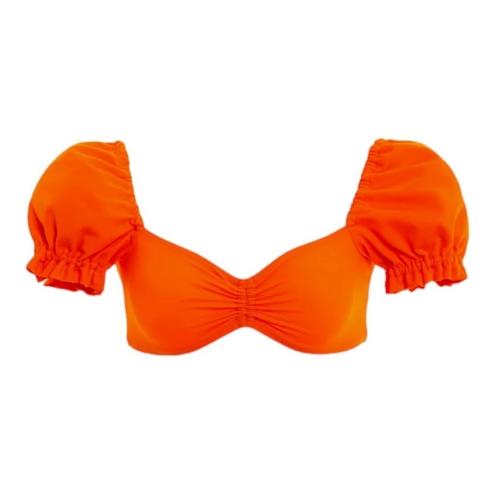 NEW Agua Bendita Romina Bikini Top Puff Sleeves Tie Back Orange - Picture 3 of 8